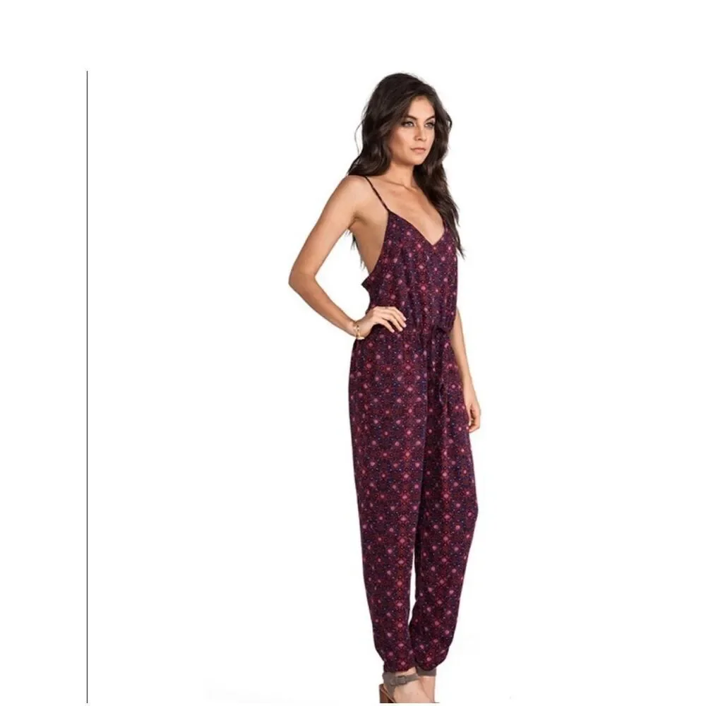 Free People Burgundy Floral Print Spaghetti-Strap Jumpsuit